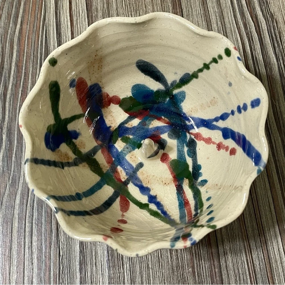 John Garrou Pottery Hand Crafted Ceramic Apple Baker Bowl Paint Splatter Recipe